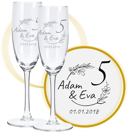 LALALO Sektglas Blütenträume, graviert mit Namen/Wunschtext/Datum, Geschenk zum 5. Hochzeitstag Jahrestag Veilchenhochzeit, Sektglas Gravur Champagnerglas für Paar Ehepaar Jubiläum