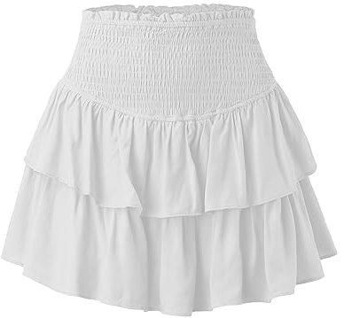 Damen Rüschen Faltenrock Kurzer Mini Rock Hohe Taille Mehrlagige Kurz Röcke Sommer A-Linie Minirock Casual Einfarbig Rock Volant Rock mit Gummibund Strandrock Sport Plisseerock (White #1, M)