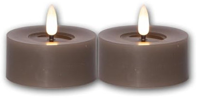 Lot de 2 bougies chauffe-plat LED FLAME FLOW L, hauteur 5,5cm, diamètre 7cm, couleur taupe, fonctionnement sur piles, fonction minuterie
