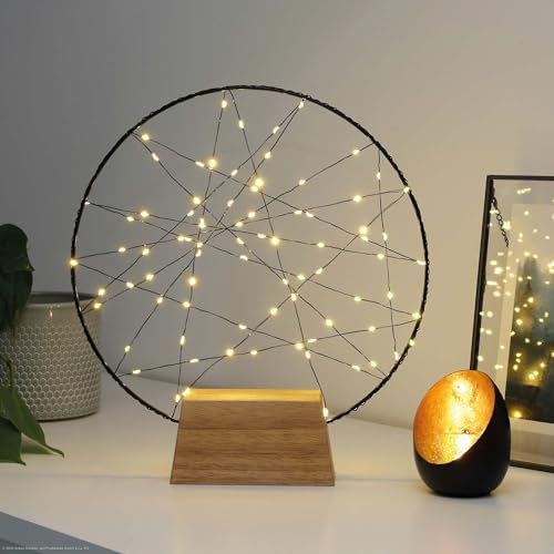 Hellum LED Traumfänger, Ring Ø30cm, Dekoring mit Fuß mit 80 warmweißen LED, Lichterkranz Fenster innen mit Holzsockel, Metallkranz mit Timer und Fernbedienung, Innentransformator 151749