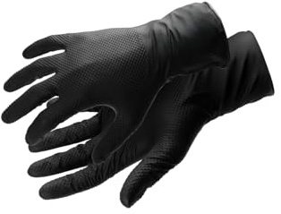 Högert Technik WUSSOW Guantes desechables de nitrilo con textura de diamante, color negro, resistentes a los productos químicos, certificado EN ISO 374, sin polvo, 100 unidades/paquete, talla S