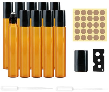 YHTCC 10 PCS Roller Ball Bottles for Essential Oils, Glass Roller Ball Bottle 10 ml, Amber Glass Bottle with Roller Balls, Equipped Openers, Stickers, Droppers, for Essential Oil, Perfume and Massage
