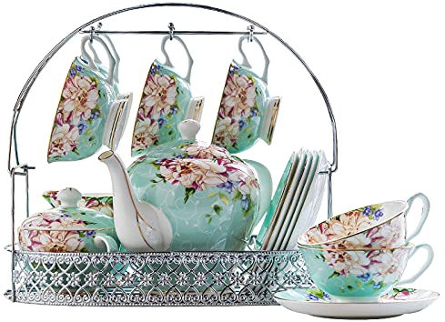 XDAWQP Juego de té de Porcelana de 15 Piezas con Tetera, Juego de 6 Tazas de café y platillos con Soporte de Metal, Servicio de té de cerámica para Mujeres y Adultas.