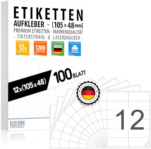 1 200 stycken adressklistermärken, 105 x 48 – (12 per DIN A4-ark), adressetiketter, tryckbara med bläck och laserskrivarklistermärken, skrivaretiketter, tillverkade i Tyskland