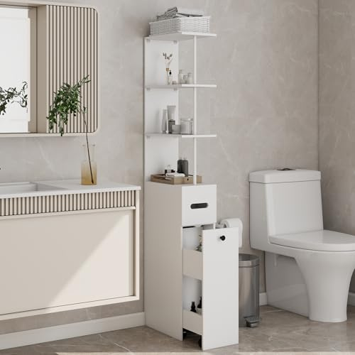 YU YUSING Mobiletto Bagno Salvaspazio Stretto da 23cm, Mobile Bagno Alto 167cm con 2 Cassetti e Ruote, Colonna Bagno con Ripiano Portaoggetti, Armadietto Bagno per WC, 3 Scomparti Aperti, Bianco