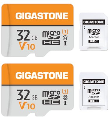 GIGASTONE 32 GB Micro SD-kort 2-pack, V10 videoinspelning, övervakning, säkerhetskamera, instrumentkamera, drönare, 90 MB/s MicroSDXC-minneskort UHS-I klass 10, med adapter