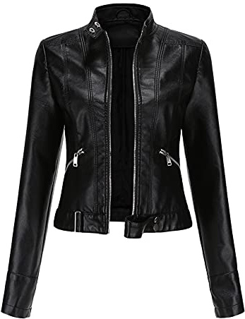 YYNUDA Veste Femme Cuir Court Blouson avec Ceinture Motard Col Montant Biker Zippé Vintage Manteau Bombers Moto,Noir,M