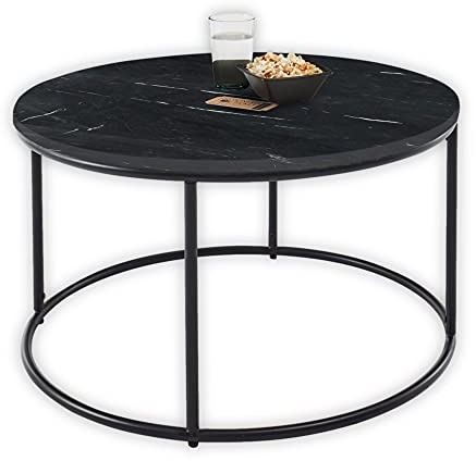 Stella Trading BELFORT Couchtisch Marmor rund schwarz mit schwarzem Metallgestell - Stilvoller Wohnzimmertisch mit hochwertiger Marmorplatte - 80 x 46 x 80 cm (B/H/T)