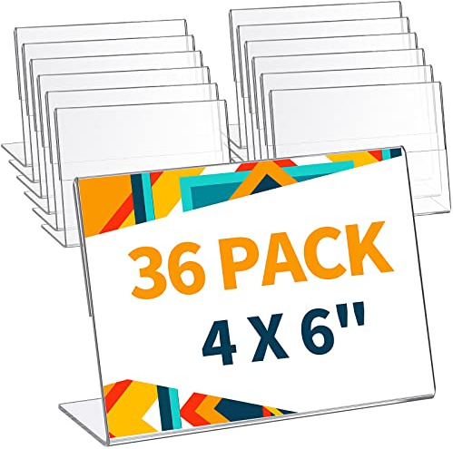 Yalikop 36 Pieces Acrylic Sign Holder 4 x 6 Inch Plastic Picture Frame Clear Photo Sign Back Brochure Display Standing Frame for Wedding Office Desktop Restaurant