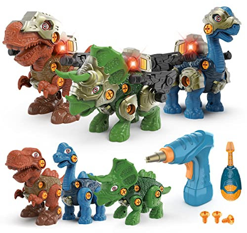 GILOBABY 3 Stück Dinosaurier Spielzeug Set, Montage Dino Spielzeug mit Bohrmaschine, Schraubendreher, Licht und Brüllen, Lernspiele Kinderspielzeug Geschenk für Jungen Mädchen Geburtstag ab 3 Jahre