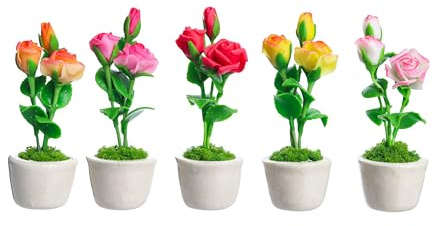 ablossom 5 Miniature Roses Fridge Tiny Magnets Flower Clay Pots Collection Set Ceramic Plants Scale 1:12 For Gifts Home Office Kitchen Decoration