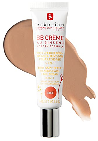 Erborian BB Cream with Ginseng, Doré (Golden/Tan) - Lightweight Buildable Coverage with SPF 20 & Ultra-Soft Matte Finish Minimizes Pores & Imperfections - Korean Face Skincare - 0.5 Oz
