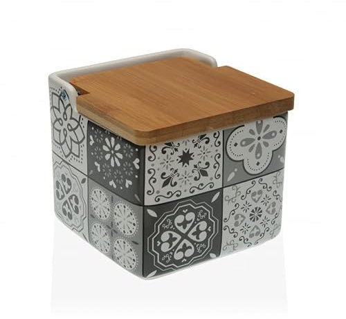 D,casa - Salero de Cocina de Cerámica con Tapa de Madera Diseños Originales Mosaico Bicolor - Mosaico Gris