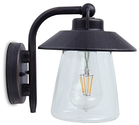 Britalia Matt Black Rust & Clear Glass Outdoor Vintage Swan Neck Down Lantern Wall Light | IP44 Exterior Rated | 20cm Height | 1 x ES E27 Lamp Bulb Required | Garden - Patio - Driveway