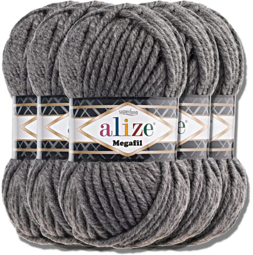 Alize 5x 100g Superlana Megafil Türkische Wolle Super Bulky Chenillegarn Babywolle Handstrickgarn häkeln weiches Chenille-Garn XXL-Knäuel für Amigurumi Yarn Garn (Medium Grey Melange | 182)