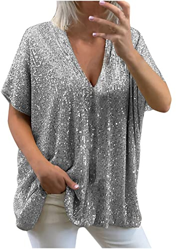 2023 Camiseta de Manga Corta Mujer, Moda Verano Color sólido Blusa Camisa Cuello en V Lentejuelas Camiseta Suelto Tumblr Tops Fiesta Casual T-Shirt Tallas Grandes Original tee cómodo Jersey Playa