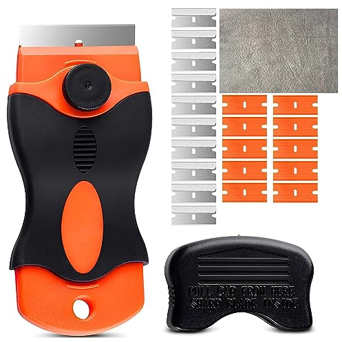 RZMZBY Raspadores de Cristal,Incluyendo 20 Cuchillas de Repuesto y una toalla,Rascador Multiusos de Limpieza para Raspar Etiquetas, Pegatinas, Calafateo, Pintura de Vidrio