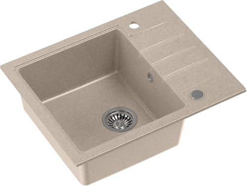 QUADRON Fregadero de Granito de Un Seno | Tamaño 62 x 50 x 20 cm, Color: Beige y Acero | PETER 116 Moderno | con Sifón Manual y Escurridor