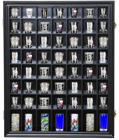 Schnapsglasvitrine aus Holz, Wandmontage, 56 Fächer, schwarze Schattenbox, abschließbar mit UV-Schutz, Acrylglastür, Schnapsglas-Aufbewahrungsdisplay mit abnehmbaren Regalen, 59,2 x 47,6 cm