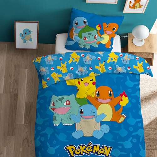 OMYDREAM Pokemon Goodbye Parure de lit Enfant 1 Personne | 100% Coton | Oeko-TEX | Housse de Couette 140x200 cm + Taie d'oreiller 63x63 cm | Imprimé Réversible Garçon | Bleu
