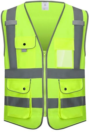 KANMORE Safety Vest - High Vis Orange, EN ISO 20471, 7 High Visibility Snap-Button Pockets, Reflective & Washable for Construction and Personal Safety (Yellow, L)