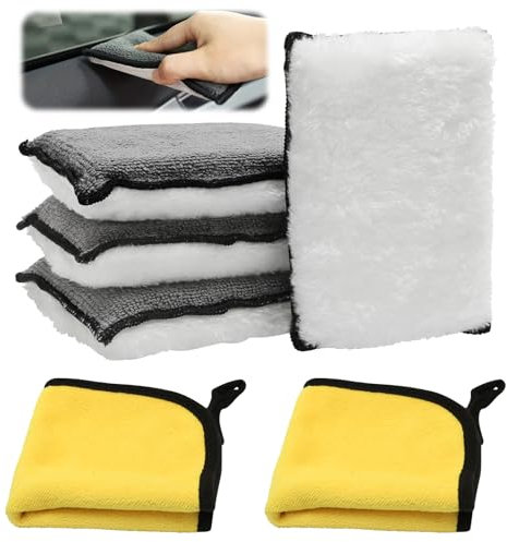 4 Pièces Éponge Microfibre Double Face pour Vitres de Voiture Anti-Buée - avec 2 Serviettes Polaire Corail, Lavable Réutilisable, Nettoyage sans Traces pour Cires et Polis
