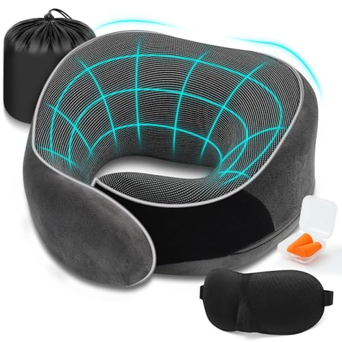 Zepphi Cuscino da Viaggio - Cuscino Aereo Memory Foam Regolabile e Compatto - Cuscino Collo Viaggio per Dormire in Auto, Treno, Aereo - Include Maschera per Dormire, Tappi auricolari, Borsa