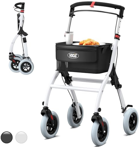 VOCIC Lightweight Indoor Walking Frame for Home, Foldable Zimmer Frame with Wheels for Senior Aluminium Walker, Rollator Walker with Quiet Tires & Tray for Small Doorways, UKCA (White)