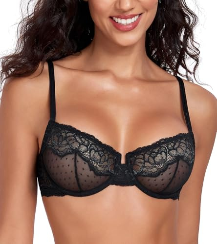 Lemorosy Women's Sexy Lace Demi Sheer Mesh See Though Balconette Unlined Underwire Non-Padded Everyday Bra(Black,38D)
