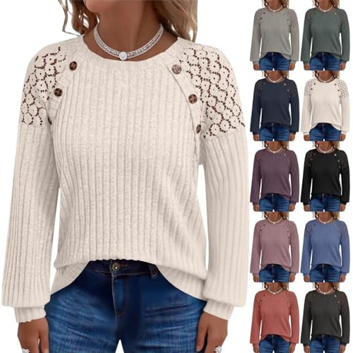 Ausgeschnittene Pullover, leichte Pullover für Damen – eleganter Kaschmir-Pullover, bequem, gerippt, Tunika, Pullover, modisch, Knopf, Tunika, Tops, lässig, Rundhalsausschnitt, Langarmshirts, weiß
