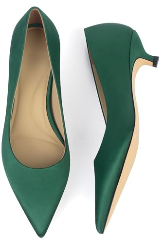Green Women's Kitten Heels Pumps Satin 1.5 inches/4CM Low Heeled Closed Pointed Toe Formal Sexy Fashion Dress Wedding Shoes Size 9