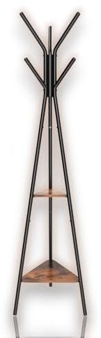 Genérico Perchero de Pie Metálico con Estantes de Madera, Negro Mate, 49.5x49.5x179 cm, Moderno Industrial, 6 Ganchos, 2 Estantes, Montaje Independiente