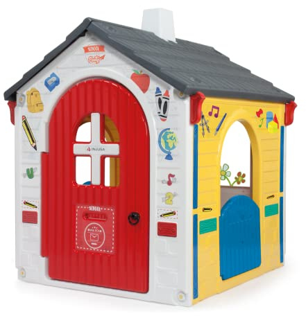 INJUSA - Casetta per Bambini Playhouse 'School Party', Casetta da Giardino per Bambini dai 3 ai 6 Anni, con 2 Porte d'Ingresso, Chiavistello, Cassetta Della Posta, e 2 Finestre, Multicolore