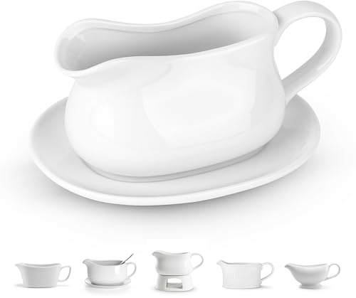 Kook Gravy Boat & Saucer, 17 oz, Ceramic Serving Dish, Dispenser with Tray for Sauces, Dressings and Creamer, Large Handle, Microwave and Dishwasher Safe, White (Classic Gravy Boat)