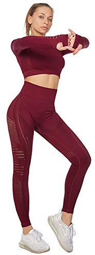 Jamron Donna Set di Abbigliamento Yoga Top Corto+Ghette 2 Pezzi Tuta Sportiva Palestra Fitness Activewear Borgogna SN05405 M