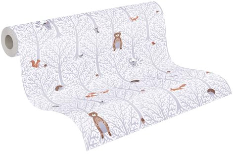 A.S. Création Kinderzimmertapete Little Love Tapete mit niedlichen Wald Tieren PVC-freie Vliestapete grau weiß braun orange seidenmatt glatt 381191