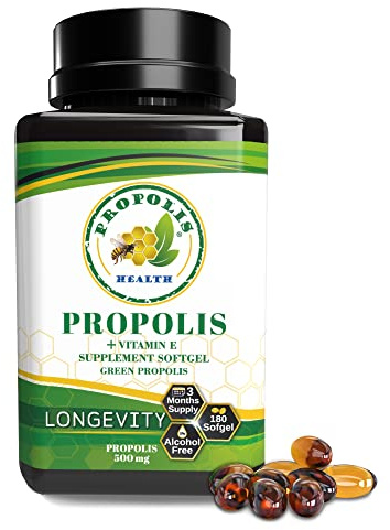 Propolis Health Propolis Capsules 1000mg-Daily with Vitamin E Per dose - Brazilian Green Propolis Extract - Immune Booster 50 Days Supply Propolis (180 Capsules)