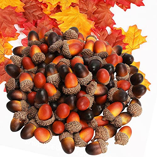 TheStriven 100 Stück Eichel-Dekorationen Mini Eicheln Deko Künstliche Ahorn Blätter Herbstlaub Halloween Herbstdeko Weihnachten Eicheln Deko Herbstdekorationen für Herbstdeko Halloween Thanksgiving