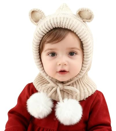 Uniyoung Baby småbarn vintermössa halsduk med öron barn stickad öronlapp huva mössa pompom utomhus varm skalle keps för 1-5 år flickor och pojkar, Beige