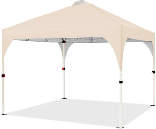 Yaheetech Vikbar paviljong 3 x 3 m popup-paviljong, trädgårdspaviljong, stabil, justerbar höjd, vattentätt solskydd, med ventilation, rullbärväska, för utomhusmarknad, trädgård, gård, beige