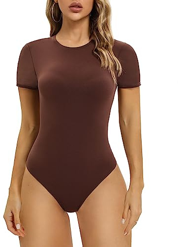 SHAPERX Bodysuit dam elastisk rundhalsad bodysuit linne chic och elegant bodysuit bodysuit med stringtrosa - ärmlös/korta ärmar/långa ärmar, Cocoa-kortärmad, M