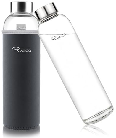 Ryaco Bottiglia d'Acqua 1000 ml/1L, Borraccia Vetro Portatile con Guaina per Bevande Calde e Fredde, Senza BPA, Borraccia in Vetro con Pennello in Spugna, Lavabile in Lavastoviglie