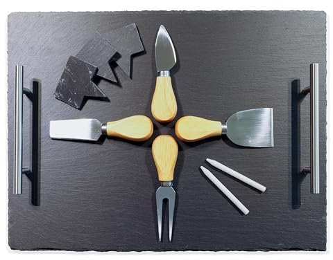 ZUJARA Premium Slate Cheese Board Gift Set with Handles - Complete with Cheese Utensils, Slate Markers and Chalk - Elegant Entertaining, Hosting and Gifting