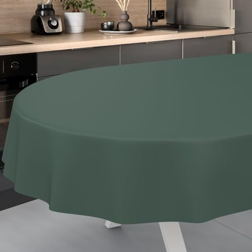 Wachstuch-Tischdecke Tischdecke abwaschbar Wachstuch Garten-Tischdecke Outdoor Indoor Oval 220x140cm Schnittkante Tannengrün