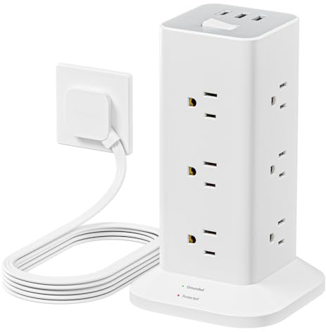 Power Strip Tower with Surge Protector, TESSAN Flat Plug Extension Cord 10 Ft with 12 AC Outlets with 3 USB Ports (1 USB C), Multiple Outlets for Home, Office Supplies, Dorm Room Essentials