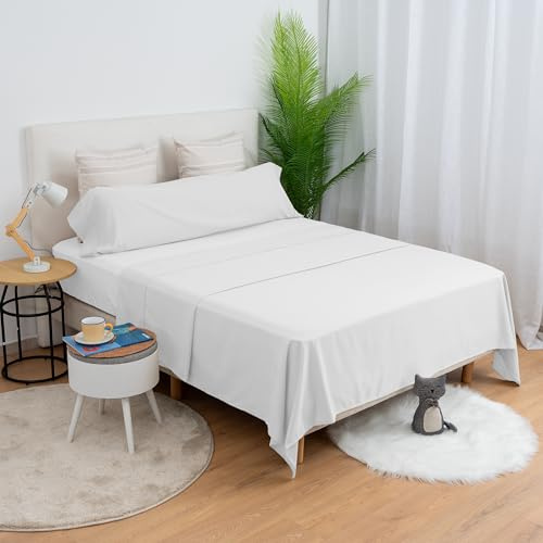 H HANSEL HOME Juego de Sábanas de Microfibra 3 Piezas para Cama 150cm Transpirable - Incluye 1 Encimera, 1 Bajera Ajustable y 1 Funda de Almohada - Blanco