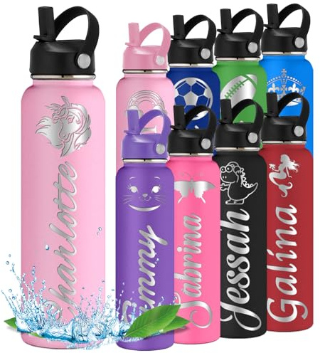 Personalisierte Wasserflasche Trinkflasche mit Symbol-Namen, für Kinder, Teenager, Junge, Mädchen, zurück zur Schule Geschenk, Reisen,Fitnessstudio, Sport, Isolierflaschen mit Flip Stroh Griff Rosa 1