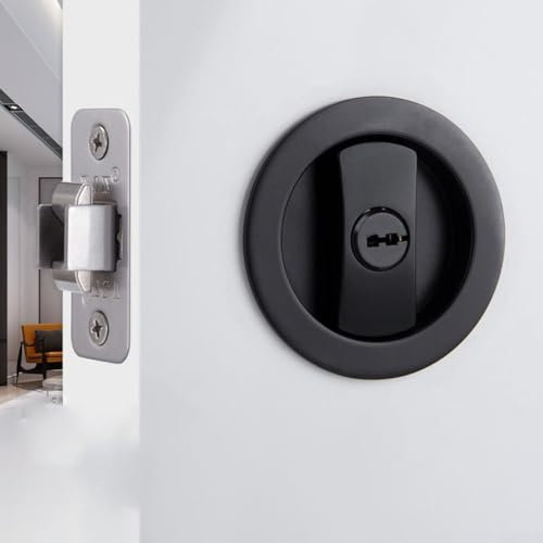 Serratura per porta scorrevole in lega di zinco, serratura rotonda senza chiave, maniglia invisibile su 2 lati, per porte di spessore 35-50 mm (nero)