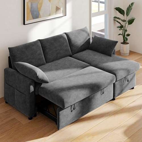 Real Relax 80'' Sofa Bed, L Shaped Chenille Sleeper Sofa Couch with Pull Out Bed and Chaise Storage for Living Room, Apartment and Office, Dark Gray