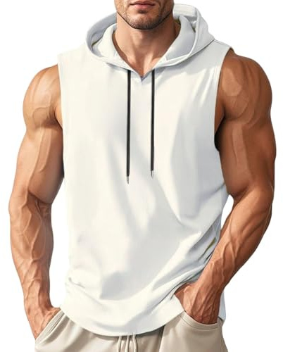 generisch T-shirt sans manches pour homme en coton avec capuche - Couleur unie - Débardeur de sport pour l'entraînement, la gym, le fitness, le bodybuilding, Blanc., XXL